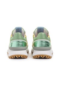 Green metallic sneakers with mesh sections, yellow accents, and a white sole. Features a textured heel and a logo detail on the tongue.