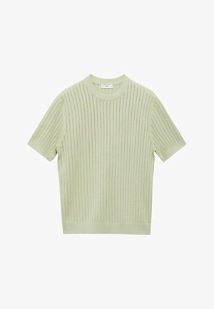 Svetlozelené pletené tričko s krátkym rukávom, s horizontálnymi prúžkami a rebrovaným okrajom goliera. Mäkká textúra, voľný strih a minimalistický dizajn.