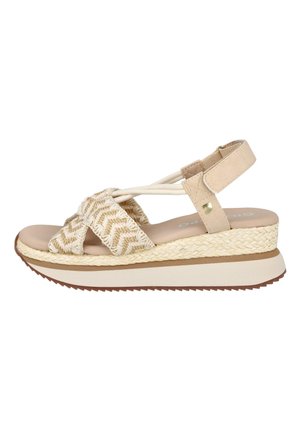 Sandalia cuña beige con diseño de tiras trenzadas, correa en el tobillo con cierre de velcro y suela plataforma texturizada.