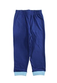 Pantalon en coton bleu marine avec une texture lisse, taille élastique et poignets bleu clair aux chevilles. Coupe droite, sans poches.