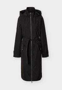 Czarny długi płaszcz przeciwdeszczowy z kapturem, przednim zamkiem błyskawicznym, regulowanym paskiem w talii, klapowymi kieszeniami na zatrzaski oraz paskami na mankietach.