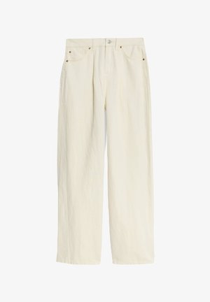 Crème-kleurige wijde broek gemaakt van gestructureerde stof, met een knoopsluiting, voorkruisen en metalen accenten.