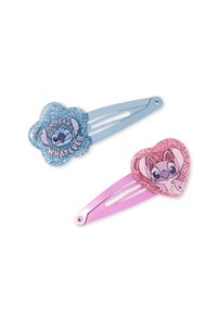 Twee haarklemmen: één blauw bloemvormig met glitter en een Stitch-afbeelding, en één roze hartvormig met glitter en een Stitch-afbeelding.
