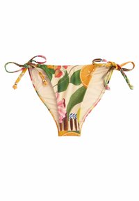 Bikini dno z cvetličnim in sadnim vzorcem, z stranskimi vezavami in majhnimi perlicami. Narejeno iz elastičnega materiala, ki prikazuje žive barve.