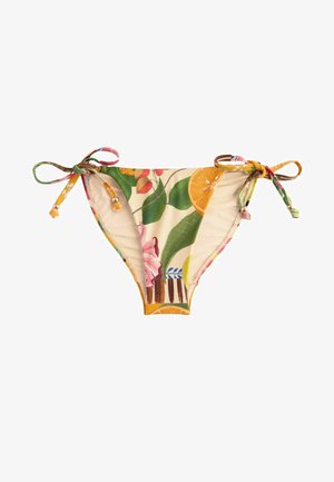Bikini-Hose mit einem Blumen- und Obstmuster, ausgestattet mit seitlichen Bindebändern und kleinen Perlen. Hergestellt aus dehnbarem Stoff und in lebhaften Farben.