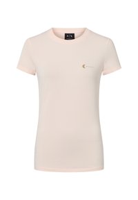 Light pink short-sleeve t-shirt made of soft cotton. Features a gold crescent moon graphic and logo on the left chest area. Round neckline.