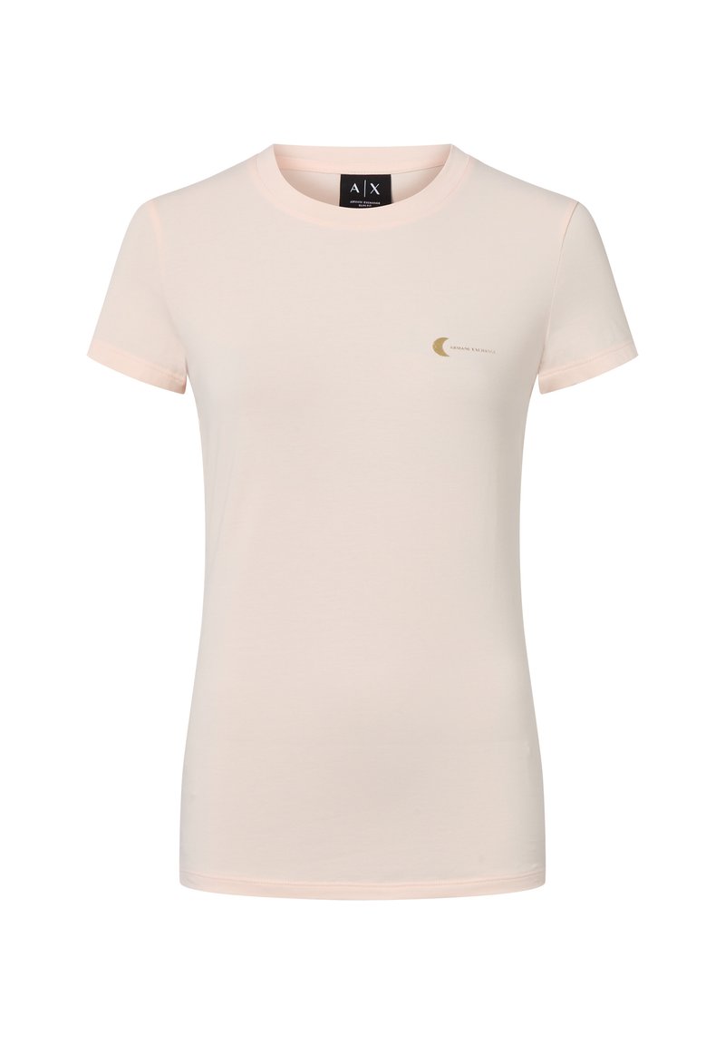 Light pink short-sleeve t-shirt made of soft cotton. Features a gold crescent moon graphic and logo on the left chest area. Round neckline.