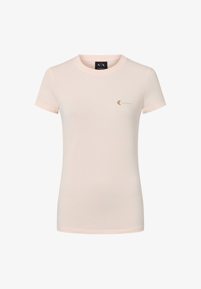 Hellrosa T-Shirt mit kurzen Ärmeln aus weicher Baumwolle. Verfügt über ein goldenes Mondsichel-Grafikdesign und Logo auf der linken Brustseite. Rundhalsausschnitt.