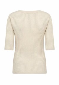 Beige geribbelde trui met een ronde hals en korte mouwen, met een aansluitende pasvorm en een zachte textuur, ideaal om te combineren.