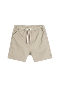 Shorts kaki en coton avec une taille élastique et un cordon de serrage, comportant deux poches latérales et un design à jambe droite.