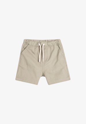 Khaki szorty wykonane z bawełny, z elastycznym pasem i sznurkiem, z dwoma bocznymi kieszeniami i prostym krojem nogawek.