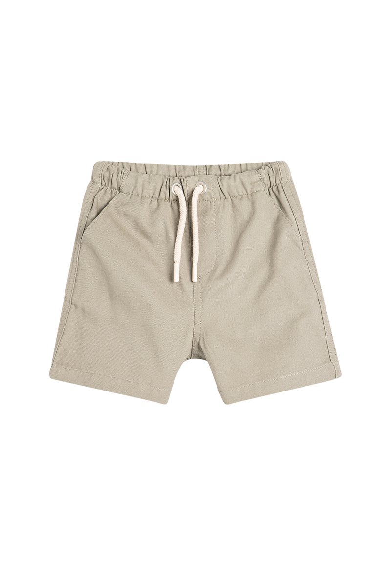 Shorts kaki en coton avec une taille élastique et un cordon de serrage, comportant deux poches latérales et un design à jambe droite.