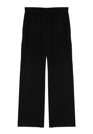 Pantaloni neri a gamba larga con vita elastica, due tasche laterali, chiusura con bottone sul davanti e una superficie liscia.