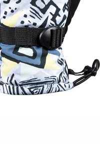Bunt gemusterter Handschuhbund mit geometrischen Designs in Blau, Gelb und Schwarz. Verstellbarer Riemen mit Kunststoffschnalle und Zugverschluss.