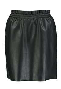 Jupe en cuir noire avec une taille élastique, texture lisse, longueur genoux et une silhouette simple et plate. Pas d'ornements ni de motifs.