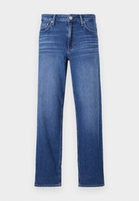 Blauwe denim jeans met een rechte pasvorm, vijf zakken en een sluiting met een voorknoop. Bevat subtiele vervaging en stikseldetails.