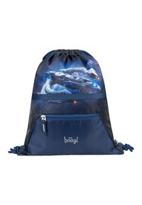Tmavě modrý batoh na stahování s potiskem vesmírné scény. Obsahuje přední kapsu na zip a logo "baagl" v dolní části. Hladký povrch.