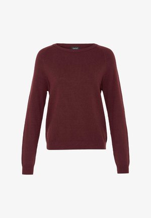 Burgundijas krāsas adīta džemperis ar apaļu izgriezumu, garām piedurknēm un ribotām aprocēm un apakšmalu. Gluda tekstūra ar smalkiem raksta elementiem.