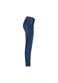 Tætsiddende jeans i mørkeblå denim med en glat tekstur. Har en lys beige talje, fem lommer og syningdetaljer.