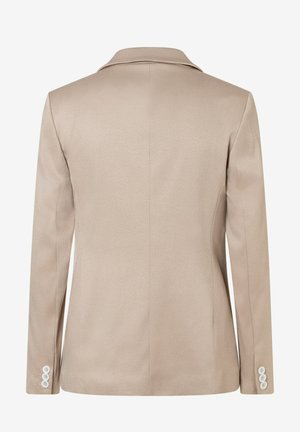 Blazer beige sur mesure à manches longues, col cranté et poignets boutonnés, vu de dos.