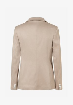 Beiger, maßgeschneiderter Blazer mit langen Ärmeln, Reverskragen und geknöpften Manschetten, von hinten gezeigt.