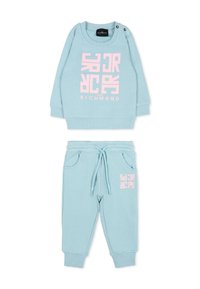 Tuta in cotone azzurro chiaro con top a girocollo caratterizzato da testo grafico rosa e pantaloni abbinati con cordoncino e tasche laterali.