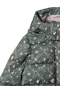 Green floral-patterned puffer jacket featuring a high collar, snap buttons, and quilted texture with visible padding.