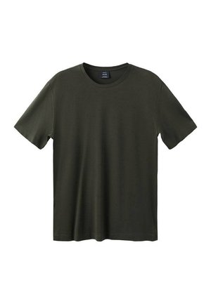 Dark green short-sleeve T-shirt made of cotton, featuring a crew neckline and a smooth, even texture without patterns or accents.