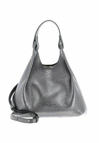 Borsa a tracolla in pelle con texture metallica, dotata di una singola tracolla e di una tracolla incrociata regolabile su sfondo bianco.