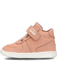 Rosa Leder High-Top Sneakers mit Velcro-Riemen, runder Spitze, weißer Gummisohle und Nahtdetails. Markenlogo an der Seite sichtbar.