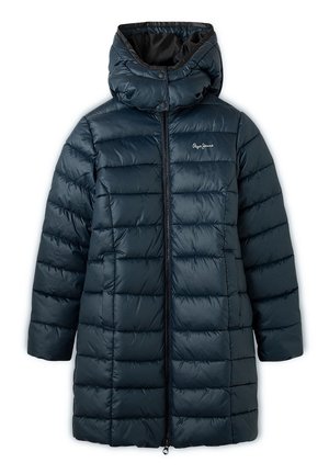 Long manteau d'hiver matelassé bleu foncé avec capuche, fermeture éclair frontale complète et logo Pepe Jeans sur la poitrine gauche.