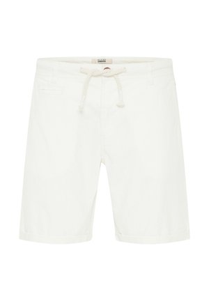 White cotton shorts with a drawstring waistband, featuring side pockets and a folded hem. Simple design and smooth texture.