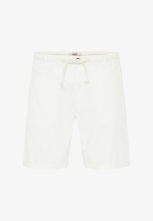 Shorts en coton blanc avec un cordon de serrage à la taille, dotés de poches latérales et d'un ourlet replié. Design simple et texture lisse.