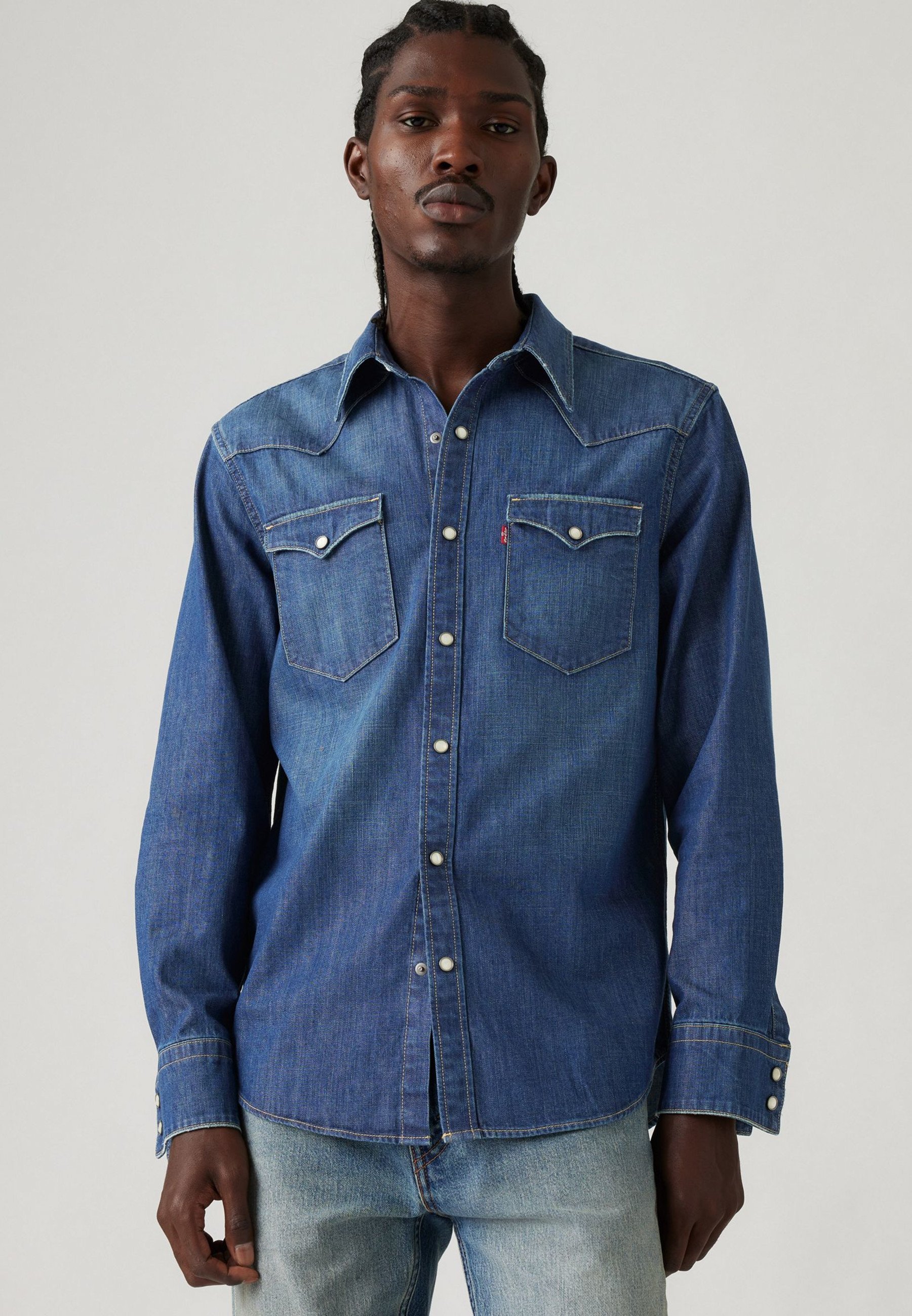Chemise Homme à Manches Longues Style Jean Western - Coupe Ajustée, Col à Revers, Poches Doubles - Décontracté
