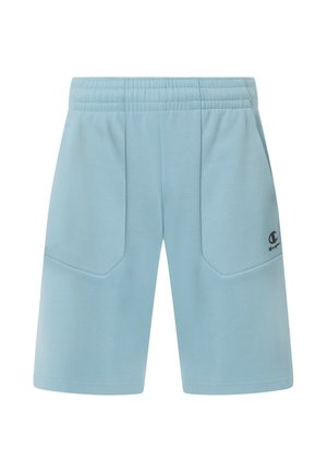 Hellblaue kniehohe Shorts mit elastischem Bund, zwei Fronttaschen und kleinem Champion-Logo auf der rechten Tasche.
