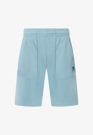 Hellblaue kniehohe Shorts mit elastischem Bund, zwei Fronttaschen und kleinem Champion-Logo auf der rechten Tasche.