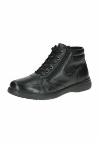 Botas de cuero negro hasta el tobillo con cordones en la parte delantera, cremallera lateral, puntera redondeada y acabado texturizado. Cuenta con una suela de goma para mayor agarre.