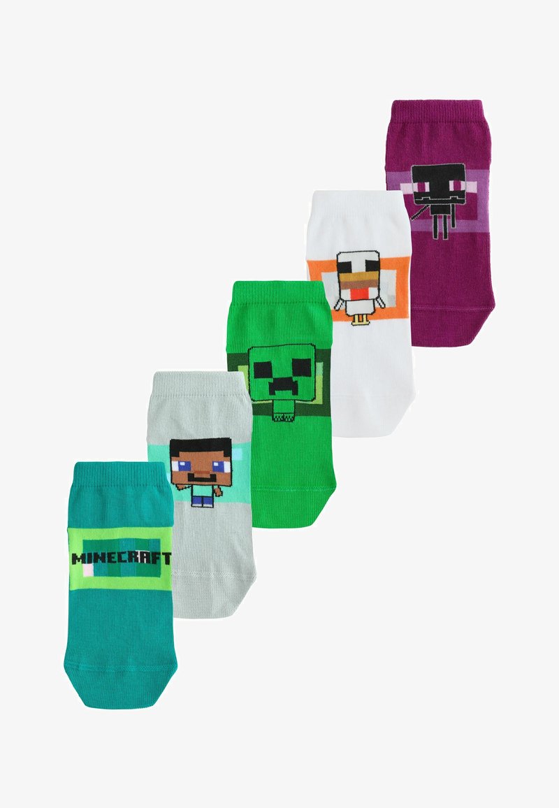 Cinq chaussettes basses colorées avec des personnages et le logo Minecraft, disposées en ligne diagonale descendante sur fond blanc.