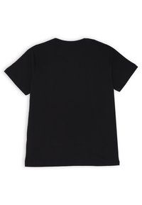 T-shirt nera in cotone, maniche corte, colletto rotondo, orlo dritto, senza stampe o loghi, texture liscia, vestibilità standard.
