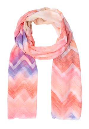 Écharpe légère avec un motif en zigzag dans des tons de rose, corail, violet et blanc, enroulée lâchement sur un fond blanc.