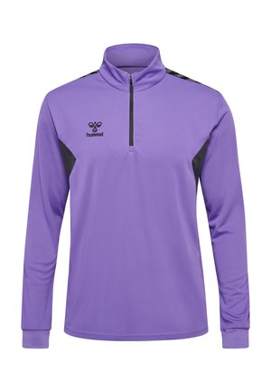 Paarse sportieve quarter-zip top met lange mouwen, zwarte schouderaccenten, gestructureerde stof en Hummel-logo op de borst.