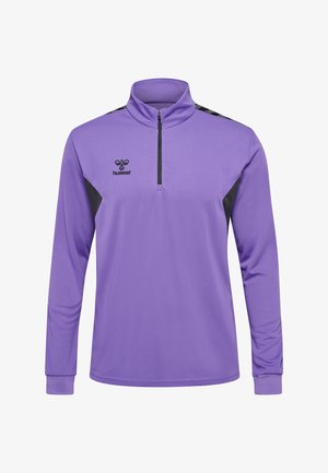 Paarse sportieve quarter-zip top met lange mouwen, zwarte schouderaccenten, gestructureerde stof en Hummel-logo op de borst.