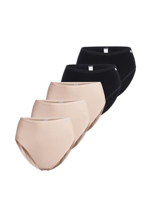 Fünf Paare Damen-Slips mit hohem Bund in Beige und Schwarz, in zwei Reihen auf weißem Hintergrund angeordnet.