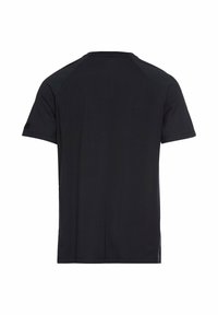 Sort kortærmet T-shirt med rund hals, lavet af et glat stof, med raglanærmer og sideslids for forbedret bevægelse.