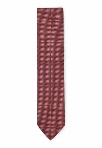 Rote gemusterte Krawatte mit geometrischen Designs auf dunklem Hintergrund, aus glattem Stoff gefertigt, mit spitzem Ende und schmaler Breite.