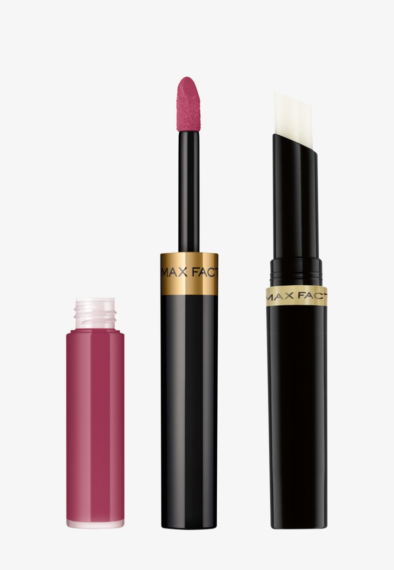 Ensemble de couleurs pour les lèvres comprenant un applicateur gloss rose à embout doux, un flacon transparent et un tube de rouge à lèvres noir avec un applicateur plat.