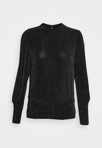 Blusa preta de mangas longas com um decote alto, feita de tecido texturizado com fios metálicos e um detalhe franzido na cintura.