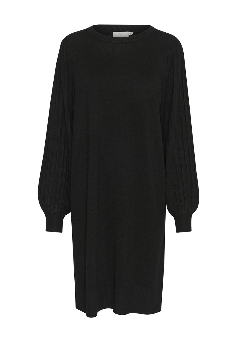 Vestido negro de punto con mangas largas abullonadas acanaladas, cuello redondo y corte holgado que llega hasta la rodilla.