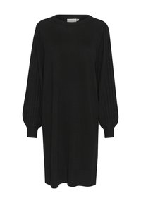 Abito nero lavorato a maglia con scollatura rotonda, maniche lunghe plissettate e polsini a costine. Vestibilità rilassata che arriva sopra il ginocchio.