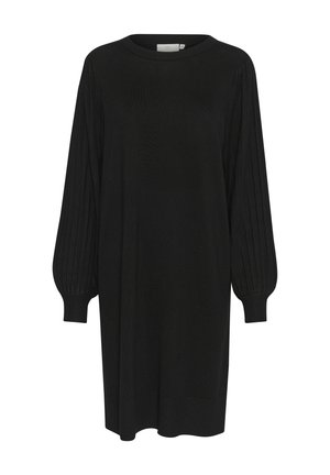 Black knitted dress with a round neckline, long pleated sleeves, and ribbed cuffs. A relaxed fit that falls above the knee.